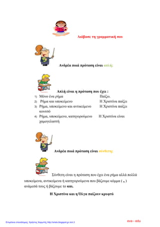 Δηάβαζε ηε γξακκαηηθή ζνπ
Αλδξέα πνηά πξόηαζε είλαη απιή;
Απιή είλαη ε πξόηαζε πνπ έρεη :
1) Μόλν έλα ξήκα Παίδσ.
2) Ρήκα θαη ππνθείκελν Η Υξηζηίλα παίδεη
3) Ρήκα, ππνθείκελν θαη αληηθείκελν Η Υξηζηίλα παίδεη
θνπηζό
4) Ρήκα, ππνθείκελν, θαηεγνξνύκελν Η Υξηζηίλα είλαη
ρακνγειαζηή
Αλδξέα πνηά πξόηαζε είλαη ζύλζεηε;
΢ύλζεηε είλαη ε πξόηαζε πνπ έρεη έλα ξήκα αιιά πνιιά
ππνθείκελα, αληηθείκελα ή θαηεγνξνύκελα πνπ βάδνπκε θόκκα ( , )
αλάκεζά ηνπο ή βάδνπκε ην θαη.
Η Υξηζηίλα θαη ε Όιγα παίδνπλ θξπθηό
eva - eduΕπιμέλεια επανάληψης: Χρήστος Χαρμπής http://xristx.blogspot.gr σελ.3
 