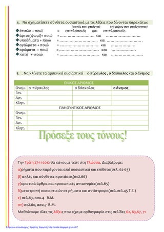 4. Να σχηματίσετε σύνθετα ουσιαστικά με τις λέξεις που δίνονται παρακάτω:
(αυτός που φτιάχνει) (το µέρος που φτιάχνονται)
έπιπλο + ποιώ = επιπλοποιός και επιπλοποιείο
άρτος(ψωμί)+ ποιώ = ……………………… και ………………………
υποδήματα + ποιώ = ………………………… και ……………………….
αγάλματα + ποιώ = .…..……………………. και ……………….
αρώματα + ποιώ = …………………………. και ……………….
ποτό + ποιώ = …………………………. και …………………….
5. . Να κλίνετε τα αρσενικά ουσιαστικά ο πύραυλος , ο δάσκαλος και ο άνεμος:
ΕΝΙΚΟΣ ΑΡΙΘΜΟΣ
Ονομ. ο πύραυλος ο δάσκαλος ο άνεμος
Γεν.
Αιτ.
Κλητ.
ΠΛΗΘΥΝΤΙΚΟΣ ΑΡΙΘΜΟΣ
Ονομ.
Γεν.
Αιτ.
Κλητ.
Την Τρίτη 27-11-2012 θα κάνουμε τεστ στη Γλώσσα. Διαβάζουμε:
α)ρήματα που παράγονται από ουσιαστικά και επίθετα(σελ. 62-63)
β) απλές και σύνθετες προτάσεις(σελ.66)
γ)οριστικά άρθρα και προσωπικές αντωνυμίες(σελ.65)
δ)μετατροπή ουσιαστικών σε ρήματα και αντίστροφα(σελ.σελ.45 Τ.Ε.)
ε) σελ.63, ασκ.4 Β.Μ.
στ) σελ.60, ασκ.7 Β.Μ.
Μαθαίνουμε όλες τις λέξεις που είχαμε ορθογραφία στις σελίδες 62, 63,67, 71
Επιμέλεια επανάληψης: Χρήστος Χαρμπής http://xristx.blogspot.gr σελ.67
Τσαμπίκα Δρακιού
 