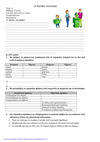 3ο Κριτήριο Αξιολόγησης
Τάξη: ∆΄
Μάθηµα: Γλώσσα
Ενότητα: 4η Εµένα µε νοιάζει
Ονοµατεπώνυµο:
Ηµεροµηνία:
Α. Ακούω και γράφω
......................................................................................
......................................................................................
......................................................................................
............................................................................................................................................................
............................................................................................................................................................
............................................................................................................................................................
............................................................................................................................................................
............................................................................................................................................................
............................................................................................................................................................
............................................................................................................................................................
............................................................................................................................................................
............................................................................................................................................................
............................................................................................................................................................
....................................................................................................
Β. ΕΡΓΑΣΙΕΣ
1. Να γράψεις τα ρήματα που παράγονται από τα παρακάτω ονόματα και με δύο από
αυτά να γράψεις προτάσεις:
Ονόµατα Ρήµατα Ονόµατα Ρήµατα
καρφί δροσιά
άσπρος ζεστός
µαύρος χρήσιµος
πίστη νύστα
δοκιµή νοίκι
α) .........................................................................................................................................
β) .........................................................................................................................................
2. Να μετατρέψεις τις παρακάτω φράσεις από ονοματικές σε ρηματικές και το αντίστροφο:
Ονοµατικές φράσεις Ρηµατικές φράσεις
Η αδιαφορία του οδηγού
Η καταστροφή του δάσους
Η παρουσίαση του βιβλίου
Το δάσος αυτό προστατεύεται.
Καλλιεργεί βιολογικά προϊόντα.
Επιθυµώ να κάνω διακοπές.
Εντοπίζεται µεγάλη πετρελαιοκηλίδα.
3. Στις παρακάτω προτάσεις να υπογραμμίσετε τα οριστικά άρθρα και να κυκλώσετε τους
αδύνατους τύπους της προσωπικής αντωνυμίας:
• Όταν του τελείωσε το τσιγάρο το πέταξε από το ανοιχτό παράθυρο.
• Θα φέρουμε εδώ τους σπόρους και θα τους σπείρουμε πετώντας τους από ψηλά.
• Το κοτσύφι είχε και μια ιδέα, που την έκαναν αμέσως πράξη τα ζώα του δάσους.
Επιμέλεια επανάληψης: Χρήστος Χαρμπής http://xristx.blogspot.gr σελ.74
 