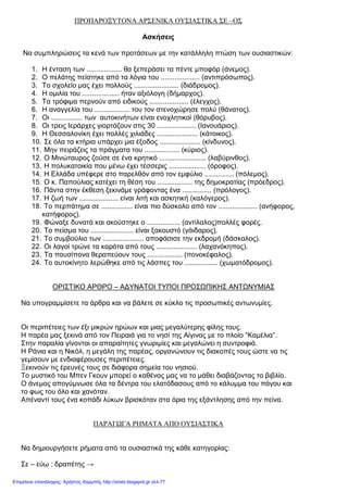 ΠΡΟΠΑΡΟΞΥΤΟΝΑ ΑΡΣΕΝΙΚΑ ΟΥΣΙΑΣΤΙΚΑ ΣΕ –ΟΣ
Ασκήσεις
Να συµπληρώσεις τα κενά των προτάσεων µε την κατάλληλη πτώση των ουσιαστικών:
1. Η ένταση των .................. θα ξεπεράσει τα πέντε µποφόρ (άνεµος).
2. Ο πελάτης πείστηκε από τα λόγια του .................... (αντιπρόσωπος).
3. Το σχολείο µας έχει πολλούς ....................... (διάδροµος).
4. Η οµιλία του ................... ήταν αξιόλογη (δήµαρχος).
5. Τα τρόφιµα περνούν από ειδικούς .................... (έλεγχος).
6. Η αναγγελία του .................. του τον στενοχώρησε πολύ (θάνατος).
7. Οι ................ των αυτοκινήτων είναι ενοχλητικοί (θόρυβος).
8. Οι τρεις Ιεράρχες γιορτάζουν στις 30 .................... (Ιανουάριος).
9. Η Θεσσαλονίκη έχει πολλές χιλιάδες ..................... (κάτοικος).
10. Σε όλα τα κτήρια υπάρχει µια έξοδος ..................... (κίνδυνος).
11. Μην πειράζεις τα πράγµατα του .................. (κύριος).
12. Ο Μινώταυρος ζούσε σε ένα κρητικό ........................ (λαβύρινθος).
13. Η πολυκατοικία που µένω έχει τέσσερις ................... (όροφος).
14. Η Ελλάδα υπέφερε στο παρελθόν από τον εµφύλιο ............... (πόλεµος).
15. Ο κ. Παπούλιας κατέχει τη θέση του .................. της δηµοκρατίας (πρόεδρος).
16. Πάντα στην έκθεση ξεκινάµε γράφοντας ένα ............... (πρόλογος).
17. Η ζωή των .................... είναι λιτή και ασκητική (καλόγερος).
18. Το περπάτηµα σε ................ είναι πιο δύσκολο από τον .................... (ανήφορος,
κατήφορος).
19. Φώναξε δυνατά και ακούστηκε ο ................. (αντίλαλος)πολλές φορές.
20. Το πείσµα του ...................... είναι ξακουστό (γάιδαρος).
21. Το συµβούλιο των ..................... αποφάσισε την εκδροµή (δάσκαλος).
22. Οι λαγοί τρώνε τα καρότα από τους ..................... (λαχανόκηπος).
23. Τα παυσίπονα θεραπεύουν τους .................. (πονοκέφαλος).
24. Το αυτοκίνητο λερώθηκε από τις λάσπες του ................. (χωµατόδροµος).
ΟΡΙΣΤΙΚΟ ΑΡΘΡΟ – Α∆ΥΝΑΤΟΙ ΤΥΠΟΙ ΠΡΟΣΩΠΙΚΗΣ ΑΝΤΩΝΥΜΙΑΣ
Να υπογραµµίσετε τα άρθρα και να βάλετε σε κύκλο τις προσωπικές αντωνυµίες.
Οι περιπέτειες των έξι µικρών ηρώων και µιας µεγαλύτερης φίλης τους.
Η παρέα µας ξεκινά από τον Πειραιά για το νησί της Αίγινας µε το πλοίο “Καµέλια”.
Στην παραλία γίνονται οι απαραίτητες γνωριµίες και µεγαλώνει η συντροφιά.
Η Ράνια και η Νικόλ, η µεγάλη της παρέας, οργανώνουν τις διακοπές τους ώστε να τις
γεµίσουν µε ενδιαφέρουσες περιπέτειες.
Ξεκινούν τις έρευνές τους σε διάφορα σηµεία του νησιού.
Το µυστικό του Μπεν Γκουν µπορεί ο καθένας µας να το µάθει διαβάζοντας το βιβλίο.
Ο άνεµος απογύµνωσε όλα τα δέντρα του ελατόδασους από το κάλυµµα του πάγου και
το φως του όλο και χανόταν.
Απέναντί τους ένα κοπάδι λύκων βρισκόταν στα όρια της εξάντλησης από την πείνα.
ΠΑΡΑΓΩΓΑ ΡΗΜΑΤΑ ΑΠΟ ΟΥΣΙΑΣΤΙΚΑ
Να δηµιουργήσετε ρήµατα από τα ουσιαστικά της κάθε κατηγορίας:
Σε – εύω : δραπέτης →
Επιμέλεια επανάληψης: Χρήστος Χαρμπής http://xristx.blogspot.gr σελ.77
 