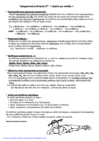 Γραµµατική ενότητας 4ης
« Εµένα µε νοιάζει »
Προπαροξύτονα αρσενικά ουσιαστικά:
Μερικά προπαροξύτονα αρσενικά ουσιαστικά (δηλαδή αυτά που τονίζονται στην προπαραλήγου-
σα) που τελειώνουν σε –ος, στη γενική του ενικού και στη γενική και αιτιατική πληθυντικού
κατεβάζουν τον τόνο στην παραλήγουσα. Οι σύνθετες και πολυσύλλαβες λέξεις καθώς και τα κύ-
ρια ονόµατα δεν αλλάζουν τόνο σε καµιά πτώση.
Π.χ. ο άνθρωπος – του ανθρώπου , οι άνθρωποι – των ανθρώπων - τους ανθρώπους
ο κίνδυνος – του κινδύνου, οι κίνδυνοι - των κινδύνων - τους κινδύνους
αλλά : ο αυλόγυρος – του αυλόγυρου , οι αυλόγυροι – των αυλόγυρων – τους αυλόγυρους
ο Θόδωρος – του Θόδωρου
Παραγωγή λέξεων :
Πολλές από τις λέξεις που χρησιµοποιούµε, παράγονται, δηλαδή σχηµατίζονται από άλλες λέξεις.
Οι λέξεις που φτιάχνονται από άλλες λέγονται παράγωγες, ενώ οι λέξεις από τις οποίες βγήκαν
αυτές οι λέξεις λέγονται πρωτότυπες.
Π.χ. Πρωτότυπη κλειδί , παράγωγη κλειδώνω
Ουδέτερα ουσιαστικά σε –υ
Τα ουδέτερα ουσιαστικά που τελειώνουν σε –ι, αυτό το ι γράφεται µε γιώτα (ι). Υπάρχουν όµως
Και κάποιες εξαιρέσεις που γράφονται µε ύψιλον (υ)
βράδυ, δίχτυ, δάκρυ, δόρυ, οξύ, στάχυ
Πληθυντικός: βράδια, δίχτυα, δάκρυα, δόρατα, οξέα, στάχυα
Αδύνατοι τύποι προσωπικής αντωνυµίας
Πολύ συχνά χρησιµοποιούµε τους αδύνατους τύπους της προσωπικής αντωνυµίας, του, τον, της,
την, τους, τις , τα ,αντί για τις λέξεις αυτού, αυτόν, αυτήν, αυτό, αυτούς, αυτές, αυτά.
Για να τα ξεχωρίζουµε από το οριστικό άρθρο πρέπει να θυµόµαστε ότι τα άρθρα µπαίνουν πριν
τα ουσιαστικά ή επίθετα, ενώ οι αντωνυµίες µπαίνουν πριν ή µετά το ρήµα, πάντα κοντά στο
ρήµα.
Π.χ. Κάλεσε τα παιδιά να έρθουν στο σπίτι µας. (άρθρο, δίπλα σε ουσιαστικό)
∆εν τα άκουσα όλα όσα είπε στο τηλέφωνο. (αντωνυµία, δίπλα σε ρήµα)
Απλές και σύνθετες προτάσεις.
Οι απλές προτάσεις µπορούν να έχουν :
µόνο ένα ρήµα ( π.χ. Έλα)
ένα ρήµα µε το υποκείµενο (π.χ. Εγώ φεύγω)
ρήµα, υποκείµενο και αντικείµενο (π.χ. Το σκυλί έφαγε το κόκαλο)
ρήµα, υποκείµενο, κατηγορούµενο (Ο καιρός είναι ωραίος)
Οι σύνθετες προτάσεις µπορεί να έχουν ένα ρήµα µε πολλά αντικείµενα, υποκείµενα ή κατηγορούµε-
Να που συνδέονται µεταξύ τους µε το «και»
Π.χ Ο Κώστας, ο Νίκος και η Έλενα έπαιξαν κυνηγητό, µπάλα και κουτσό.
Κορτσαλιουδάκη Κατερίνα
Επιμέλεια επανάληψης: Χρήστος Χαρμπής http://xristx.blogspot.gr σελ.6
 