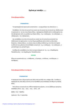 Εμένα με νοιάζει .....
Στάση βροχοσταλίδων
ΓΡΑΜΜΑΤΙΚΗ
Τα προπαροξύτονα αρσενικά ουσιαστικά σε - ος σχηματίζουν την κλητική σε –ε .
Κατεβάζουν τον τόνο στη γενική του ενικού και στη γενική και αιτιατική του πληθυντικού
τα αρσενικά σε –ος που είναι λόγιες λέξεις , προέρχονται δηλαδή από τα παλιά χρόνια και
όσα φτιάχτηκαν ώστε να μοιάζουν με λόγιες λέξεις : π.χ. ο καλόγηρος - του καλογήρου , ο
υδράργυρος – του υδραργύρου .
Δεν κατεβάζουν τον τόνο στη γενική του ενικού και στη γενική και αιτιατική του
πληθυντικού τα αρσενικά σε –ος που δημιουργήθηκαν από το λαό τις τελευταίες
δεκαετίες ( λαϊκές λέξεις ) , οι οποίες είναι συνήθως σύνθετα ( με τον τόνο στο πρώτο
συνθετικό ) και μάλιστα πολυσύλλαβα ουσιαστικά : π.χ. ο καλόγερος – του καλόγερου , ο
μαντρότοιχος του μαντρότοιχου .
Συνήθως δεν κατεβάζουν τον τόνο τα κύρια ονόματα σε –ος , π.χ. ο Χαράλαμπος
Παπαδόπουλος – του Χαράλαμπου Παπαδόπουλου .
ΑΣΚΗΣΗ
Κλίνω τα ουσιαστικά σε ος : ο άνθρωπος , ο έμπορος , ο κίνδυνος , ο αυλόγυρος , ο
κατήφορος .
Στάση βροχοσταλίδων ( συνέχεια )
ΓΡΑΜΜΑΤΙΚΗ
Η παραγωγή είναι η δημιουργία μιας λέξης από μια λέξη που υπάρχει ήδη . Συνήθως η
παραγωγή της νέας λέξης γίνεται με την προσθήκη μιας κατάληξης στο θέμα της παλιάς
λέξης .
Από κάποια ουσιαστικά και επίθετα παράγονται ρήματα , αν τους βάλουμε ορισμένες
καταλήξεις όπως – ίζω , - ώνω , - εύω , - αίνω , κτλ
φόβος + ίζω → φοβίζω
πράσινος + ίζω → πρασινίζω
Σχολική συντροφιά
Επιμέλεια επανάληψης: Χρήστος Χαρμπής http://xristx.blogspot.gr σελ.7
 