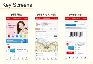 [메인 화면] [수령처 선택 화면] [주문증 화면]
韩国 韩国 韩国
Key Screens
8
 