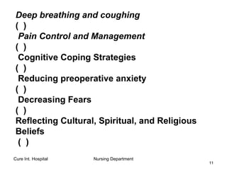 Cure Int. Hospital Nursing Department
1111
Deep breathing and coughing
( )
Pain Control and Management
( )
Cognitive Coping Strategies
( )
Reducing preoperative anxiety
( )
Decreasing Fears
( )
Reflecting Cultural, Spiritual, and Religious
Beliefs
( )
 