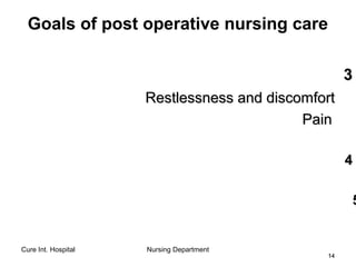 Cure Int. Hospital Nursing Department
1414
Goals of post operative nursing care
33
Restlessness and discomfortRestlessness and discomfort
PainPain
44
55
 