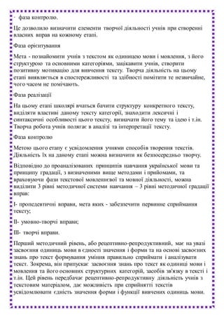 · фаза контролю.
Це дозволило визначити елементи творчої діяльності учнів при створенні
власних вправ на кожному етапі.
Фаза орієнтування
Мета - познайомити учнів з текстом як одиницею мови і мовлення, з його
структурою та основними категоріями, зацікавити учнів, створити
позитивну мотивацію для вивчення тексту. Творча діяльність на цьому
етапі виявляється в спостережливості та здібності помітити те незвичайне,
чого часом не помічають.
Фаза реалізації
На цьому етапі школярі вчаться бачити структуру конкретного тексту,
виділяти властиві даному тексту категорії, знаходити лексичні і
синтаксичні особливості цього тексту, визначати його тему та ідею і т.ін.
Творча робота учнів полягає в аналізі та інтерпретації тексту.
Фаза контролю
Метою цього етапу є усвідомлення учнями способів творення текстів.
Діяльність їх на даному етапі можна визначити як безпосередньо творчу.
Відповідно до проаналізованих принципів навчання української мови та
принципу градації, з визначеними вище методами і прийомами, та
враховуючи фази текстової мовленнєвої та мовної діяльності, можна
виділити 3 рівні методичної системи навчання – 3 рівні методичної градації
вправ:
I- пропедевтичні вправи, мета яких - забезпечити первинне сприймання
тексту;
II- умовно-творчі вправи;
III- творчі вправи.
Перший методичний рівень, або рецептивно-репродуктивний, має на увазі
засвоєння одиниць мови в єдності значення і форми та на основі засвоєних
знань про текст формування уміння правильно сприймати і аналізувати
текст. Зокрема, він припускає засвоєння знань про текст як одиниці мови і
мовлення та його основних структурних категорій, засобів зв'язку в тексті і
т.ін. Цей рівень передбачає рецептивно-репродуктивну діяльність учнів з
текстовим матеріалом, дає можливість при сприйнятті текстів
усвідомлювати єдність значення форми і функції вивчених одиниць мови.
 