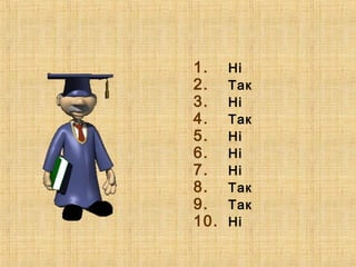 1. Ні
2. Так
3. Ні
4. Так
5. Ні
6. Ні
7. Ні
8. Так
9. Так
10. Ні
 