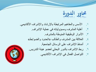 .1‫األكاديمي‬ ‫واإلشراف‬ ‫باإلرشاد‬ ‫المرتبطة‬ ‫والمفاهيم‬ ‫األسس‬.
.2‫اإلشراف‬ ‫عملية‬ ‫في‬ ‫ومسؤولياته‬ ‫المشرف‬ ‫أهلية‬.
.3‫بالمشرف‬ ‫المنوطة‬ ‫الوظيفية‬ ‫األدوار‬.
.4‫والطالب‬ ‫المشرف‬ ‫بين‬ ‫العالقة‬«‫والضوابط‬ ‫الحدود‬»
.5‫الجامعية‬ ‫الرسائل‬ ‫على‬ ‫اإلشراف‬ ‫أنماط‬.
.6‫التدريس‬ ‫هيئة‬ ‫لعضو‬ ‫البحثي‬ ‫بالدور‬ ‫اإلشراف‬ ‫ربط‬.
.7‫األكاديمي‬ ‫اإلشراف‬ ‫في‬ ‫الفعال‬ ‫التواصل‬.
 
