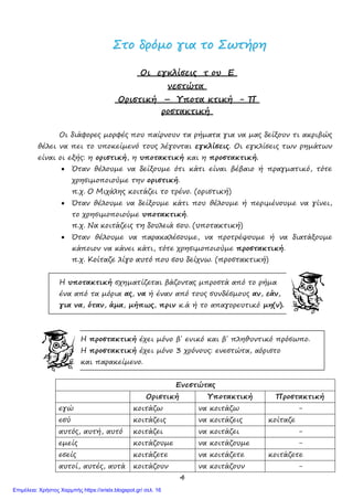4
ΣΣττοο δδρρόόµµοο γγιιαα ττοο ΣΣωωττήήρρηη
Οι εγκλίσεις τ ου Ε
νεστώτα
Οριστική – Υποτα κτική - Π
ροστακτική
Οι διάφορες µορφές που παίρνουν τα ρήµατα για να µας δείξουν τι ακριβώς
θέλει να πει το υποκείµενό τους λέγονται εγκλίσεις. Οι εγκλίσεις των ρηµάτων
είναι οι εξής: η οριστική, η υποτακτική και η προστακτική.
• Όταν θέλουµε να δείξουµε ότι κάτι είναι βέβαιο ή πραγµατικό, τότε
χρησιµοποιούµε την οριστική.
π.χ. Ο Μιχάλης κοιτάζει το τρένο. (οριστική)
• Όταν θέλουµε να δείξουµε κάτι που θέλουµε ή περιµένουµε να γίνει,
το χρησιµοποιούµε υποτακτική.
π.χ. Να κοιτάζεις τη δουλειά σου. (υποτακτική)
• Όταν θέλουµε να παρακαλέσουµε, να προτρέψουµε ή να διατάξουµε
κάποιον να κάνει κάτι, τότε χρησιµοποιούµε προστακτική.
π.χ. Κοίταζε λίγο αυτό που σου δείχνω. (προστακτική)
Η υποτακτική σχηµατίζεται βάζοντας µπροστά από το ρήµα
ένα από τα µόρια ας, να ή έναν από τους συνδέσµους αν, εάν,
για να, όταν, άµα, µήπως, πριν κ.ά ή το απαγορευτικό µη(ν).
Η προστακτική έχει µόFο β΄ ενικό και β΄ πληθυντικό πρόσωπο.
Η προστακτική έχει µόνο 3 χρόνους: ενεστώτα, αόριστο
και παρακείµενο.
Ενεστώτας
Οριστική Υποτακτική Προστακτική
εγώ κοιτάζω να κοιτάζω -
εσύ κοιτάζεις να κοιτάζεις κοίταζε
αυτός, αυτή, αυτό κοιτάζει να κοιτάζει -
εµείς κοιτάζουµε να κοιτάζουµε -
εσείς κοιτάζετε να κοιτάζετε κοιτάζετε
αυτοί, αυτές, αυτά κοιτάζουν να κοιτάζουν -
Επιμέλεια: Χρήστος Χαρμπής https://xristx.blogspot.gr/ σελ. 16
Το σχολικό παρεάκι tosxolikopareaki.blogspot.g
 