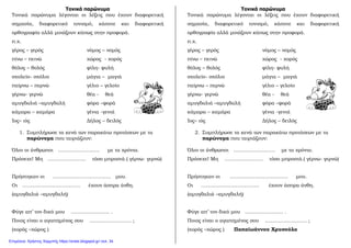 Τονικά παρώνυμα
Τονικά παρώνυμα λέγονται οι λέξεις που έχουν διαφορετική
σημασία, διαφορετικό τονισμό, κάποτε και διαφορετική
ορθογραφία αλλά μοιάζουν κάπως στην προφορά.
π.χ.
γέρος – γερός νόμος – νομός
πίνω – πεινώ χώρος - χορός
θόλος – θολός φίλη- φυλή
σχολείο- σχόλιο μάγια – μαγιά
παίρνω – περνώ γέλιο – γελοίο
γέρνω- γερνώ θέα - θεά
αμυγδαλιά –αμυγδαλή φόρα –φορά
κάμαρα – καμάρα γένια -γενιά
Ίος– ιός Δήλος – δειλός
1. Συμπλήρωσε τα κενά των παρακάτω προτάσεων με τα
παρώνυμα που ταιριάζουν:
Όλοι οι άνθρωποι ……………………. με τα χρόνια.
Πρόσεχε! Μη ………………….. τόσο μπροστά.( γέρνω- γερνώ)
Πρήστηκαν οι …………………………….. μου.
Οι …………………………….. έχουν άσπρα άνθη.
(αμυγδαλιά –αμυγδαλή)
Φύγε απ’ τον δικό μου ………………….. .
Ποιος είναι ο αγαπημένος σου ……………………. ;
(χορός –χώρος )
Τονικά παρώνυμα
Τονικά παρώνυμα λέγονται οι λέξεις που έχουν διαφορετική
σημασία, διαφορετικό τονισμό, κάποτε και διαφορετική
ορθογραφία αλλά μοιάζουν κάπως στην προφορά.
π.χ.
γέρος – γερός νόμος – νομός
πίνω – πεινώ χώρος - χορός
θόλος – θολός φίλη- φυλή
σχολείο- σχόλιο μάγια – μαγιά
παίρνω – περνώ γέλιο – γελοίο
γέρνω- γερνώ θέα - θεά
αμυγδαλιά –αμυγδαλή φόρα –φορά
κάμαρα – καμάρα γένια -γενιά
Ίος– ιός Δήλος – δειλός
2. Συμπλήρωσε τα κενά των παρακάτω προτάσεων με τα
παρώνυμα που ταιριάζουν:
Όλοι οι άνθρωποι ……………………. με τα χρόνια.
Πρόσεχε! Μη ………………….. τόσο μπροστά.( γέρνω- γερνώ)
Πρήστηκαν οι …………………………….. μου.
Οι …………………………….. έχουν άσπρα άνθη.
(αμυγδαλιά –αμυγδαλή)
Φύγε απ’ τον δικό μου ………………….. .
Ποιος είναι ο αγαπημένος σου ……………………. ;
(χορός –χώρος ) Παπαϊωάννου Χρυσούλα
Επιμέλεια: Χρήστος Χαρμπής https://xristx.blogspot.gr/ σελ. 34
 