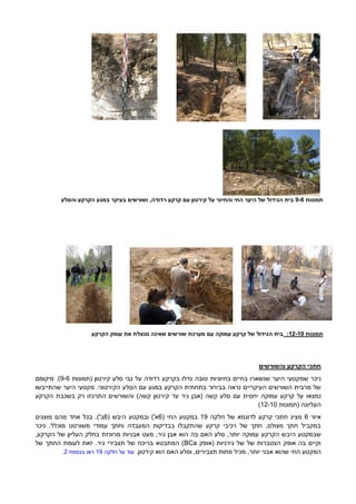 ‫ת‬‫מונות‬9-2‫של‬ ‫הגידול‬ ‫בית‬‫על‬ ‫והחיוני‬ ‫החי‬ ‫היער‬‫רדודה‬ ‫קרקע‬ ‫עם‬ ‫קירטון‬,‫והסלע‬ ‫הקרקע‬ ‫במגע‬ ‫בעיקר‬ ‫ושורשים‬
‫ת‬‫מונות‬01-06:‫הקרקע‬ ‫עומק‬ ‫את‬ ‫מנצלת‬ ‫שאינה‬ ‫שורשים‬ ‫מערכת‬ ‫עם‬ ‫עמוקה‬ ‫קרקע‬ ‫של‬ ‫הגידול‬ ‫בית‬
‫הקרקע‬ ‫חתכי‬‫והשורשים‬
‫ניכר‬‫ש‬‫מ‬‫(תמונות‬ ‫קירטון‬ ‫סלע‬ ‫גבי‬ ‫על‬ ‫רדודה‬ ‫בקרקע‬ ‫גדלו‬ ‫טובה‬ ‫בחיוניות‬ ‫בחיים‬ ‫שנשארו‬ ‫היער‬ ‫קטעי‬9-6‫מיקומם‬ .)
.‫הקירטוני‬ ‫הסלע‬ ‫עם‬ ‫במגע‬ ‫הקרקע‬ ‫בתחתית‬ ‫בבירור‬ ‫נראה‬ ‫העיקריים‬ ‫השורשים‬ ‫מרבית‬ ‫של‬‫מ‬‫שהתייבשו‬ ‫היער‬ ‫קטעי‬
‫נמצאו‬‫קירט‬ ‫עד‬ ‫גיר‬ ‫(אבן‬ ‫קשה‬ ‫סלע‬ ‫עם‬ ‫יחסית‬ ‫עמוקה‬ ‫קרקע‬ ‫על‬)‫קשה‬ ‫ון‬‫הקרקע‬ ‫בשכבת‬ ‫רק‬ ‫התרכזו‬ ‫והשורשים‬
‫(תמונות‬ ‫העליונה‬12-10)
‫איור‬6‫מ‬‫חלקה‬ ‫של‬ ‫לדוגמא‬ ‫קרקע‬ ‫חתכי‬ ‫ציג‬19( ‫החי‬ ‫במקטע‬6( ‫היבש‬ ‫ובמקטע‬ )'‫א‬6‫מוצגים‬ ‫מהם‬ ‫אחד‬ ‫בכל‬ .)'‫ב‬
‫ניכר‬ .‫מוכלל‬ ‫משורטט‬ ‫עמודי‬ ‫וחתך‬ ‫המעבדה‬ ‫בבדיקות‬ ‫שהתקבלו‬ ‫קרקע‬ ‫רכיבי‬ ‫של‬ ‫חתך‬ ,‫מצולם‬ ‫חתך‬ ‫במקביל‬
‫היב‬ ‫שבמקטע‬,‫הקרקע‬ ‫של‬ ‫העליון‬ ‫בחלק‬ ‫מרוכזת‬ ‫אבניות‬ ‫מעט‬ ,‫גיר‬ ‫אבן‬ ‫הוא‬ ‫בה‬ ‫האם‬ ‫סלע‬ ,‫יותר‬ ‫עמוקה‬ ‫הקרקע‬ ‫ש‬
‫(אופק‬ ‫גירניות‬ ‫של‬ ‫של‬ ‫הצטברות‬ ‫אופק‬ ‫בה‬ ‫וקיים‬BCa‫של‬ ‫החתך‬ ‫לעומת‬ ‫זאת‬ .‫גיר‬ ‫תצבירי‬ ‫של‬ ‫בריכוז‬ ‫המתבטא‬ )
‫החי‬ ‫המקטע‬.‫קירטון‬ ‫הוא‬ ‫האם‬ ‫וסלע‬ ,‫תצבירים‬ ‫פחות‬ ‫מכיל‬ ,‫יותר‬ ‫אבני‬ ‫שהוא‬‫חלקה‬ ‫על‬ ‫עוד‬19‫בנספח‬ ‫ראו‬2.
‫מוור‬ ‫אירה‬ :‫צילום‬
 