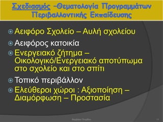 Σχεδιασμός –Θεματολογία Προγραμμάτων
Περιβαλλοντικής Εκπαίδευσης
 Αειφόρο Σχολείο – Αυλή σχολείου
 Αειφόρος κατοικία
 Ενεργειακό ζήτημα –
Οικολογικό/Ενεργειακό αποτύπωμα
στο σχολείο και στο σπίτι
 Τοπικό περιβάλλον
 Ελεύθεροι χώροι : Αξιοποίηση –
Διαμόρφωση – Προστασία
11Βαρβάρα Πετρίδου
 