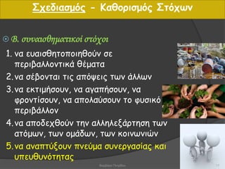  Β. συναισθηματικοί στόχοι
1. να ευαισθητοποιηθούν σε
περιβαλλοντικά θέματα
2.να σέβονται τις απόψεις των άλλων
3.να εκτιμήσουν, να αγαπήσουν, να
φροντίσουν, να απολαύσουν το φυσικό
περιβάλλον
4.να αποδεχθούν την αλληλεξάρτηση των
ατόμων, των ομάδων, των κοινωνιών
5.να αναπτύξουν πνεύμα συνεργασίας και
υπευθυνότητας
Σχεδιασμός - Καθορισμός Στόχων
17Βαρβάρα Πετρίδου
 