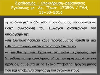 Σχεδιασμός – Ολοκλήρωση-βεβαιώσεις
Εγκύκλιος με Αρ. Πρωτ. 170596 / ΓΔ4,
13-10-2016
•η παιδαγωγική ομάδα κάθε προγράμματος παρουσιάζει σε
ειδική συνεδρίαση του Συλλόγου Διδασκόντων τον
απολογισμό της
•ο/η Συντονιστής/στρια κάθε προγράμματος καταθέτει μια
έκθεση απολογισμού στον αντίστοιχο Υπεύθυνο
•ο Διευθυντής του Σχολείου ενημερώνει εγγράφως την
Υπεύθυνη για την ολοκλήρωση ή μη των προγραμμάτων του
σχολείου, σύμφωνα με το Σχέδιο Υποβολής Προγράμματος
που είχε υποβληθεί στην αρχή του σχολικού έτους
31Βαρβάρα Πετρίδου
 