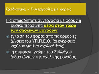 Σχεδιασμός – Συνεργασίες με φορείς
Για οποιαδήποτε συνεργασία με φορείς ή
φυσικά πρόσωπα μέσα στον χώρο
των σχολικών μονάδων
 έγκριση του φορέα από τις αρμόδιες
Δ/νσεις του ΥΠ.Π.Ε.Θ. (οι εγκρίσεις
ισχύουν για ένα σχολικό έτος)
 η σύμφωνη γνώμη του Συλλόγου
Διδασκόντων της σχολικής μονάδας.
33Βαρβάρα Πετρίδου
 