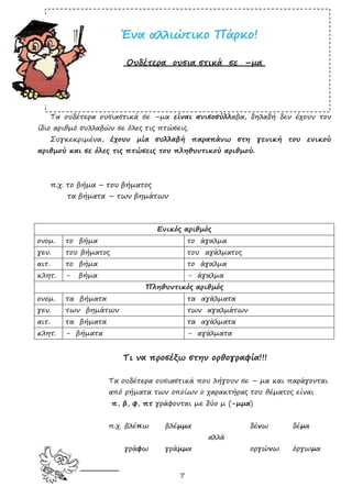 7
ΈΈνναα ααλλλλιιώώττιικκοο ΠΠάάρρκκοο!!
Ουδέτερα ουσια στικά σε –µα
Τα ουδέτερα ουσιαστικά σε –µα είναι ανισοσύλλαβα, δηλαδή δεν έχουν τον
ίδιο αριθµό συλλαβών σε όλες τις πτώσεις.
Συγκεκριµένα, έχουν µία συλλαβή παραπάνω στη γενική του ενικού
αριθµού και σε όλες τις πτώσεις του πληθυντικού αριθµού.
π.χ. το βήµα – του βήµατος
τα βήµατα – των βηµάτων
Ενικός αριθµός
ονοµ. το βήµα το άγαλµα
γεν. του βήµατος του αγάλµατος
αιτ. το βήµα το άγαλµα
κλητ. - βήµα - άγαλµα
Πληθυντικός αριθµός
ονοµ. τα βήµατα τα αγάλµατα
γεν. των βηµάτων των αγαλµάτων
αιτ. τα βήµατα τα αγάλµατα
κλητ. - βήµατα - αγάλµατα
Τι να προσέξω στην ορθογραφία!!!
Τα ουδέτερα ουσιαστικά που λήγουν σε – µα και παράγονται
από ρήµατα των οποίων ο χαρακτήρας του θέµατος είναι
π, β, φ, πτ γράφονται µε δύο µ (-µµα)
π.χ. βλέπω βλέµµα δένω δέµα
αλλά
γράφω γράµµα οργώνω όργωµα
 