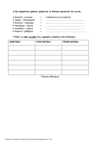 6.Να σχηματίσεις φράσεις γράφοντας το δεύτερο ουσιαστικό στη γενική.
 βούρτσα – χτένισμα  Η βούρτσα του χτενίσματος.
 ωράριο – καταστήματα  ………………………………………………………………………….
 δυσκολία – πρόβλημα  ………………………………………………………………………….
 παφλασμός – κύματα  ………………………………………………………………………….
 καταλήξεις – ρήματα  ………………………………………………………………………….
 διάρκεια – μαθήματα  ………………………………………………………………………….
7.Κλίνε το ρήμα κοιτάζω στις παρακάτω εγκλίσεις στον Ενεστώτα.
ΟΡΙΣΤΙΚΗ ΥΠΟΤΑΚΤΙΚΗ ΠΡΟΣΤΑΚΤΙΚΗ
Παλάνης Αθανάσιος
Επιμέλεια επανάληψης: Χρήστος Χαρμπής xristx.blogspot.gr/ σελ. 102
 