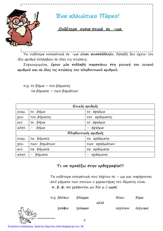 7
ΈΈνναα ααλλλλιιώώττιικκοο ΠΠάάρρκκοο!!
Ουδέτερα ουσια στικά σε –µα
Τα ουδέτερα ουσιαστικά σε –µα είναι ανισοσύλλαβα, δηλαδή δεν έχουν τον
ίδιο αριθµό συλλαβών σε όλες τις πτώσεις.
Συγκεκριµένα, έχουν µία συλλαβή παραπάνω στη γενική του ενικού
αριθµού και σε όλες τις πτώσεις του πληθυντικού αριθµού.
π.χ. το βήµα – του βήµατος
τα βήµατα – των βηµάτων
Ενικός αριθµός
ονοµ. το βήµα το άγαλµα
γεν. του βήµατος του αγάλµατος
αιτ. το βήµα το άγαλµα
κλητ. - βήµα - άγαλµα
Πληθυντικός αριθµός
ονοµ. τα βήµατα τα αγάλµατα
γεν. των βηµάτων των αγαλµάτων
αιτ. τα βήµατα τα αγάλµατα
κλητ. - βήµατα - αγάλµατα
Τι να προσέξω στην ορθογραφία!!!
Τα ουδέτερα ουσιαστικά που λήγουν σε – µα και παράγονται
από ρήµατα των οποίων ο χαρακτήρας του θέµατος είναι
π, β, φ, πτ γράφονται µε δύο µ (-µµα)
π.χ. βλέπω βλέµµα δένω δέµα
αλλά
γράφω γράµµα οργώνω όργωµα
Επιμέλεια επανάληψης: Χρήστος Χαρμπής xristx.blogspot.gr/ σελ. 26
 