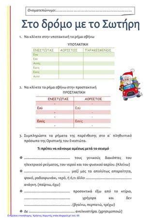 1. Να κλίνετε στην υποτακτική το ρήμα σβήνω
ΥΠΟΤΑΚΤΙΚΗ
2. Να κλίνετε το ρήμα σβήνω στην προστακτική
ΠΡΟΣΤΑΚΤΙΚΗ
3. Συμπληρώστε τα ρήματα της παρένθεσης στο α΄ πληθυντικό
πρόσωπο της Οριστικής του Ενεστώτα.
Τι πρέπει να κάνουμε αμέσως μετά το σεισμό
.................................................. τους γενικούς διακόπτες του
ηλεκτρικού ρεύματος, του νερού και του φυσικού αερίου. (Κλείνω)
.................................................. μαζί μας τα απολύτως απαραίτητα,
φακό, ραδιοφωνάκι, νερό, ή ό,τι άλλο ..................................................
ανάγκη. (παίρνω, έχω)
.................................................. προσεκτικά έξω από το κτίριο,
.................................................. γρήγορα και δεν
.................................................. . (βγαίνω, περπατώ, τρέχω)
Δε .................................................. ανελκυστήρα. (χρησιμοποιώ)
ΕΝΕΣΤΩΤΑΣ ΑΟΡΙΣΤΟΣ ΠΑΡΑΚΕΙΜΕΝΟΣ
Εγώ
Εσύ
Αυτός
Εµείς
Εσείς
Αυτοί
ΕΝΕΣΤΩΤΑΣ ΑΟΡΙΣΤΟΣ
- -
Εσύ Εσύ
- -
- -
Εσείς Εσείς
- -
Ονοματεπώνυμο:………………………………………………………
……………………………………………
Επιμέλεια επανάληψης: Χρήστος Χαρμπής xristx.blogspot.gr/ σελ. 65
Τσαμπίκα Δρακιού
 
