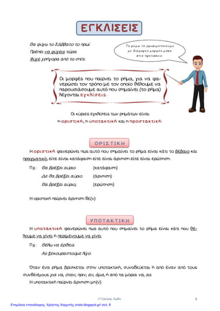 © Γρηγόρης Ζερβός 1
ΕΓΚΛΙΣΕΙΣ
Θα φύγω το Σάββατο το πρωί.
Πρέπει να φύγεις τώρα.
Φύγε γρήγορα από το σπίτι.
Οι κύριες εγκλίσεις των ρηµάτων είναι
η οριστική, η υποτακτική και η προστακτική.
Ο Ρ Ι Σ Τ Ι Κ Η
Η οριστική φανερώνει πως αυτό που σηµαίνει το ρήµα είναι κάτι το βέβαιο και
πραγµατικό, είτε είναι κατάφαση είτε είναι άρνηση είτε είναι ερώτηση.
Π.χ.: Θα βρέξει αύριο. (κατάφαση)
ε θα βρέξει αύριο. (άρνηση)
Θα βρέξει αύριο; (ερώτηση)
Η οριστική παίρνει άρνηση δε(ν).
Υ Π Ο Τ Α Κ Τ Ι Κ Η
Η υποτακτική φανερώνει πως αυτό που σηµαίνει το ρήµα είναι κάτι που θέ-
λουµε να γίνει ή περιµένουµε να γίνει.
Π.χ.: Θέλω να έρθεις.
Ας ξεκουραστούµε λίγο.
Όταν ένα ρήµα βρίσκεται στην υποτακτική, συνοδεύεται ή από έναν από τους
συνδέσµους για να, όταν, πριν, αν, άµα, ή από τα µόρια να, ας.
Η υποτακτική παίρνει άρνηση µη(ν).
Το ρήµα το χρησιµοποιούµε
µε διάφορες µορφές µέσα
στις προτάσεις.
Οι µορφές που παίρνει το ρήµα, για να φα-
νερώσει τον τρόπο µε τον οποίο θέλουµε να
παρουσιάσουµε αυτό που σηµαίνει (το ρήµα)
λέγονται εγκλίσεις.
Επιμέλεια επανάληψης: Χρήστος Χαρμπής xristx.blogspot.gr/ σελ. 8
 