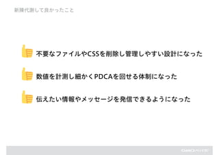 不要なファイルやCSSを削除し管理しやすい設計になった
数値を計測し細かくPDCAを回せる体制になった
伝えたい情報やメッセージを発信できるようになった
新陳代謝して良かったこと
 