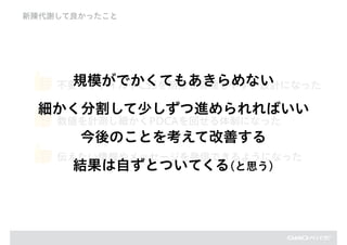 不要なファイルやCSSを削除し管理しやすい設計になった
数値を計測し細かくPDCAを回せる体制になった
伝えたい情報やメッセージを発信できるようになった
新陳代謝して良かったこと
規模がでかくてもあきらめない
細かく分割して少しずつ進められればいい
今後のことを考えて改善する
結果は自ずとついてくる(と思う)
 