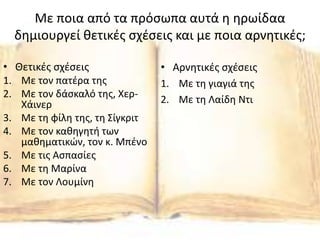 Με ποια από τα πρόσωπα αυτά η ηρωίδαα
δημιουργεί θετικές σχέσεις και με ποια αρνητικές;
• Θετικές σχέσεις
1. Με τον πατέρα της
2. Με τον δάσκαλό της, Χερ-
Χάινερ
3. Με τη φίλη της, τη Σίγκριτ
4. Με τον καθηγητή των
μαθηματικών, τον κ. Μπένο
5. Με τις Ασπασίες
6. Με τη Μαρίνα
7. Με τον Λουμίνη
• Αρνητικές σχέσεις
1. Με τη γιαγιά της
2. Με τη Λαίδη Ντι
 