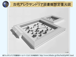 古代アレクサンドリア図書館想定復元図
新アレクサンドリア図書館ホームページより（大林組制作） http://www.bibalex.jp/Site/build/p0401.html
 