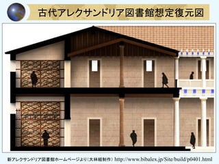 古代アレクサンドリア図書館想定復元図
新アレクサンドリア図書館ホームページより（大林組制作） http://www.bibalex.jp/Site/build/p0401.html
 