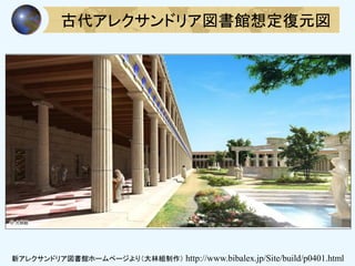 古代アレクサンドリア図書館想定復元図
新アレクサンドリア図書館ホームページより（大林組制作） http://www.bibalex.jp/Site/build/p0401.html
 