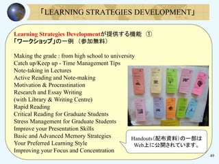 49
「LEARNING STRATEGIES DEVELOPMENT」
Learning Strategies Developmentが提供する機能 ①
「ワークショップ」の一例 （参加無料）
Making the grade : from high school to university
Catch up/Keep up - Time Management Tips
Note-taking in Lectures
Active Reading and Note-making
Motivation & Procrastination
Research and Essay Writing
(with Library & Writing Centre)
Rapid Reading
Critical Reading for Graduate Students
Stress Management for Graduate Students
Improve your Presentation Skills
Basic and Advanced Memory Strategies
Your Preferred Learning Style
Improving your Focus and Concentration
Handouts（配布資料）の一部は
Web上に公開されています。
 