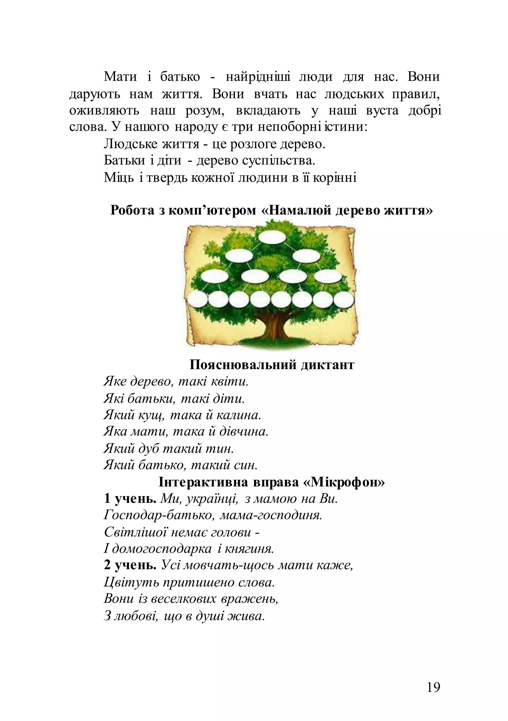19
Мати і батько - найрідніші люди для нас. Вони
дарують нам життя. Вони вчать нас людських правил,
оживляють наш розум, вкладають у наші вуста добрі
слова. У нашого народу є три непоборні істини:
Людське життя - це розлоге дерево.
Батьки і діти - дерево суспільства.
Міць і твердь кожної людини в її корінні
Робота з комп’ютером «Намалюй дерево життя»
Пояснювальний диктант
Яке дерево, такі квіти.
Які батьки, такі діти.
Який кущ, така й калина.
Яка мати, така й дівчина.
Який дуб такий тин.
Який батько, такий син.
Інтерактивна вправа «Мікрофон»
1 учень. Ми, українці, з мамою на Ви.
Господар-батько, мама-господиня.
Світлішої немає голови -
І домогосподарка і княгиня.
2 учень. Усі мовчать-щось мати каже,
Цвітуть притишено слова.
Вони із веселкових вражень,
З любові, що в душі жива.
 