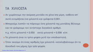 ΤΑ ΧΙΛΙΟΣΤΑ
 Αν χωρίσουμε την ακέραιη μονάδα σε χίλια ίσα μέρη, καθένα απ’
αυτά ονομάζεται ένα χιλιοστό και γράφεται 0,001.
 Μπορούμε λοιπόν να πάρουμε όσα χιλιοστά της μονάδας θέλουμε
και να γράψουμε τον αντίστοιχο δεκαδικό αριθμό.
π.χ. πέντε χιλιοστά = 0,005 οκτώ χιλιοστά = 0,008 κλπ.
 Τα χιλιοστά είναι το τρίτο ψηφίο μετά την υποδιαστολή.
 Όταν ακούμε ότι ένας αριθμός έχει χιλιοστά, καταλαβαίνουμε ότι το
δεκαδικό του μέρος έχει τρία ψηφία.
Επιμέλεια: Χρήστος Χαρμπής http://xristx.blogspot.gr σελ.14
 