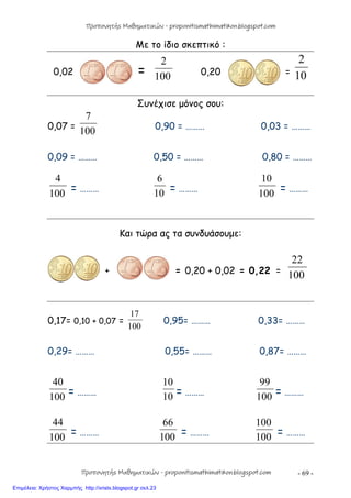 - 69 -
Με το ίδιο σκεπτικό :
0,02 = 100
2
0,20 = 10
2
Συνέχισε μόνος σου:
0,07 =
100
7
0,90 = ……… 0,03 = ………
0,09 = ……… 0,50 = ……… 0,80 = ………
100
4
= ……… 10
6
= ………
100
10
= ………
Και τώρα ας τα συνδυάσουμε:
+ = 0,20 + 0,02 = 0,22 = 100
22
0,17= 0,10 + 0,07 =
100
17
0,95= ……… 0,33= ………
0,29= ……… 0,55= ……… 0,87= ………
100
40
= ……… 10
10
= ……… 100
99
= ………
100
44
= ……… 100
66
= ……… 100
100
= ………
Προπονητής Μαθηματικών - proponitismathimatikon.blogspot.com
Προπονητής Μαθηματικών - proponitismathimatikon.blogspot.com
Επιμέλεια: Χρήστος Χαρμπής http://xristx.blogspot.gr σελ.23
 