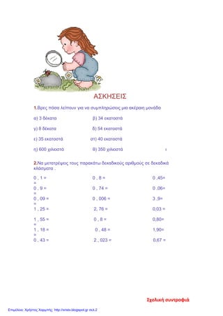 ΑΣΚΗΣΕΙΣ
1.Βρες πόσα λείπουν για να συμπληρώσεις μια ακέραιη μονάδα
α) 3 δέκατα β) 34 εκατοστά
γ) 8 δέκατα δ) 54 εκατοστά
ε) 35 εκατοστά στ) 40 εκατοστά
η) 600 χιλιοστά θ) 350 χιλιοστά ι
2.Να μετατρέψεις τους παρακάτω δεκαδικούς αριθμούς σε δεκαδικά
κλάσματα .
0 , 1 = 0 , 8 = 0 ,45=
=
0 , 9 = 0 , 74 = 0 ,06=
=
0 , 09 = 0 , 006 = 3 ,9=
=
1 , 25 = 2, 76 = 0,03 =
1 , 55 = 0 , 8 = 0,80=
=
1 , 18 = 0 , 48 = 1,90=
=
0 , 43 = 2 , 023 = 0,67 =
Σχολική συντροφιά
Επιμέλεια: Χρήστος Χαρμπής http://xristx.blogspot.gr σελ.2
 