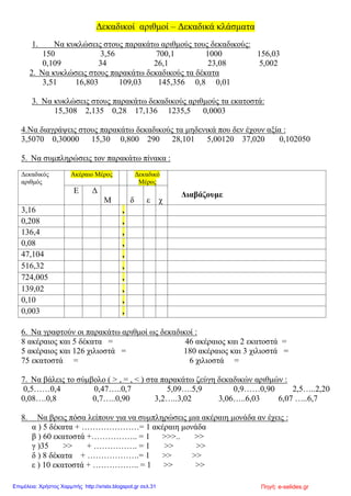 Δεκαδικοί αριθμοί – Δεκαδικά κλάσματα
1. Να κυκλώσεις στους παρακάτω αριθμούς τους δεκαδικούς:
150 3,56 700,1 1000 156,03
0,109 34 26,1 23,08 5,002
2. Να κυκλώσεις στους παρακάτω δεκαδικούς τα δέκατα
3,51 16,803 109,03 145,356 0,8 0,01
3. Να κυκλώσεις στους παρακάτω δεκαδικούς αριθμούς τα εκατοστά:
15,308 2,135 0,28 17,136 1235,5 0,0003
4.Να διαγράψεις στους παρακάτω δεκαδικούς τα μηδενικά που δεν έχουν αξία :
3,5070 0,30000 15,30 0,800 290 28,101 5,00120 37,020 0,102050
5. Να συμπληρώσεις τον παρακάτω πίνακα :
Δεκαδικός
αριθμός
Ακέραιο Μέρος Δεκαδικό
Μέρος
ΔιαβάζουμεΕ Δ
Μ δ ε χ
3,16 ,
0,208 ,
136,4 ,
0,08 ,
47,104 ,
516,32 ,
724,005 ,
139,02 ,
0,10 ,
0,003 ,
6. Να γραφτούν οι παρακάτω αριθμοί ως δεκαδικοί :
8 ακέραιος και 5 δέκατα = 46 ακέραιος και 2 εκατοστά =
5 ακέραιος και 126 χιλιοστά = 180 ακέραιος και 3 χιλιοστά =
75 εκατοστά = 6 χιλιοστά =
7. Να βάλεις το σύμβολο ( > , = , < ) στα παρακάτω ζεύγη δεκαδικών αριθμών :
0,5……0,4 0,47…..0,7 5,09….5,9 0,9……0,90 2,5…..2,20
0,08….0,8 0,7…..0,90 3,2…..3,02 3,06…..6,03 6,07 …..6,7
8. Να βρεις πόσα λείπουν για να συμπληρώσεις μια ακέραιη μονάδα αν έχεις :
α ) 5 δέκατα + …………………= 1 ακέραιη μονάδα
β ) 60 εκατοστά +…………….. = 1 >>>.. >>
γ )35 >> + ……………. = 1 >> >>
δ ) 8 δέκατα + ……………….= 1 >> >>
ε ) 10 εκατοστά + …………….. = 1 >> >>
Πηγή: e-selides.grΕπιμέλεια: Χρήστος Χαρμπής http://xristx.blogspot.gr σελ.31
 
