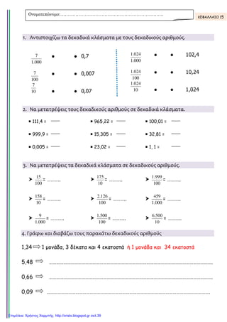 1. Αντιστοιχίζω τα δεκαδικά κλάσματα με τους δεκαδικούς αριθμούς.
000.1
7 ● ● 0,7
100
7 ● ● 0,007
10
7
● ● 0,07
2. Να μετατρέψεις τους δεκαδικούς αριθμούς σε δεκαδικά κλάσματα.
111,4 = 965,22 = 100,01 =
999,9 = 15,305 = 32,81 =
0,005 = 23,02 = 1, 1 =
3. Να μετατρέψεις τα δεκαδικά κλάσματα σε δεκαδικούς αριθμούς.
100
15
= ………..
10
175
= ………..
100
999.1
= ………..
10
158
= ………..
100
126.2
= ………..
000.1
459
= ………..
000.1
9
= ………..
100
500.1
= ………..
10
500.6
= ………..
4. Γράφω και διαβάζω τους παρακάτω δεκαδικούς αριθμούς
1,34 1 µονάδα, 3 δέκατα και 4 εκατοστά ή 1 µονάδα και 34 εκατοστά
5,48 ……………………………………………………………………………………………………………………….
0,66 ……………………………………………………………………………………………………………………….
0,09 ……………………………………………………………………………………………………………………….
000.1
024.1 ● ● 102,4
100
024.1 ● ● 10,24
10
024.1
● ● 1,024
Ονοµατεπώνυµο:…………………………………………………………..
ΚΕΦΑΛΛΑΙΟ 15
Επιμέλεια: Χρήστος Χαρμπής http://xristx.blogspot.gr σελ.39
Τσαμπίκα Δρακιού
 