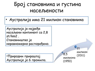 Број становника и густина
насељености
• Аустралија има 21 милион становника
Аустралија је најређе
насељени континент са 2,8
st/km2 .
Становништво је
неравномерно распоређено.
•Природни прираштај
Аустралије је 6 промила.
 