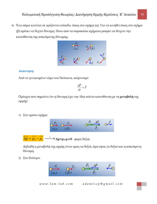 Πολυμεσική Προσέγγιση Θεωρίας: Διατήρηση Ορμής-Κρούσεις B΄ Λυκείου 10
w w w . l a m - l a b . c o m a d a m l s c p @ g m a i l . c o m
4) Ένα σώμα κινείται σε οριζόντιο επίπεδο, όπως στο σχήμα (α). Για να κινηθεί όπως στο σχήμα
(β) πρέπει να δεχτεί δύναμη. Ποιο από τα παρακάτω σχήματα μπορεί να δείχνει την
κατεύθυνση της ασκούμενης δύναμης;
F

1

2

F

F

F

)a( )( 
2

2

2

Απάντηση:
Από το γενικευμένο νόμο του Νεύτωνα, παίρνουμε:
F
Δt
P 



Πράγμα που σημαίνει ότι η δύναμη έχει την ίδια πάντα κατεύθυνση με τη μεταβολή της
ορμής!
1) Στο πρώτο σχήμα:
1

2

)a( )(  2P

1P

P

 F

12 ppp  
Δp=p2-p1>0 φορά δεξιά.
Δηλαδή η μεταβολή της ορμής είναι προς τα δεξιά, άρα προς τα δεξιά και η ασκούμενη
δύναμη.
2) Στο δεύτερο:
2P

1P

P

 F

1

2

)a( )( 
 