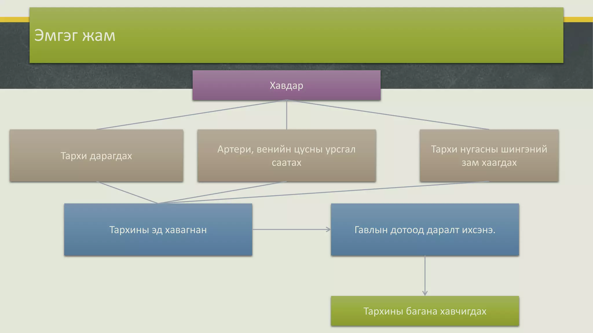 Эмгэг жам
Тархи дарагдах
Артери, венийн цусны урсгал
саатах
Тархи нугасны шингэний
зам хаагдах
Тархины эд хавагнан Гавлын дотоод даралт ихсэнэ.
Тархины багана хавчигдах
Хавдар
 