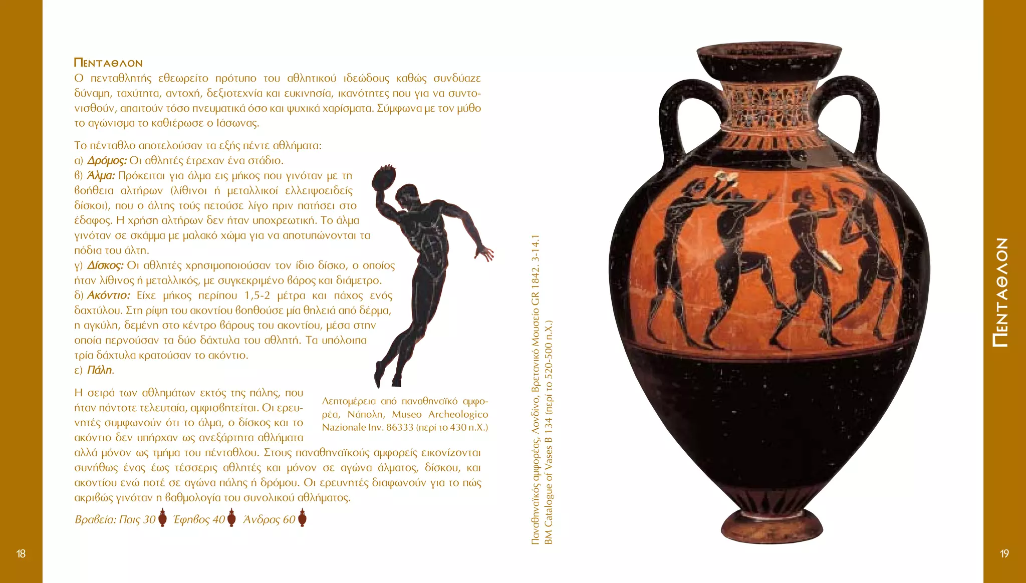 ¶·Ó·ıËÓ·˚Îﬁ˜·ÌÊÔÚ¤·˜,§ÔÓ‰›ÓÔ,BÚÂÙ·ÓÈÎﬁMÔ˘ÛÂ›ÔGR1842.3-14.1
BMCatalogueofVasesB134(ÂÚ›ÙÔ520-500.X.)
¶¶ÂÂÓÓÙÙ··ııÏÏÔÔÓÓ
19
¶¶ÂÂÓÓÙÙ··ııÏÏÔÔÓÓ
O ÂÓÙ·ıÏËÙ‹˜ ÂıÂˆÚÂ›ÙÔ ÚﬁÙ˘Ô ÙÔ˘ ·ıÏËÙÈÎÔ‡ È‰ÂÒ‰Ô˘˜ Î·ıÒ˜ Û˘Ó‰‡·˙Â
‰‡Ó·ÌË, Ù·¯‡ÙËÙ·, ·ÓÙÔ¯‹, ‰ÂÍÈÔÙÂ¯Ó›· Î·È Â˘ÎÈÓËÛ›·, ÈÎ·ÓﬁÙËÙÂ˜ Ô˘ ÁÈ· Ó· Û˘ÓÙÔ-
ÓÈÛıÔ‡Ó, ··ÈÙÔ‡Ó ÙﬁÛÔ ÓÂ˘Ì·ÙÈÎ¿ ﬁÛÔ Î·È „˘¯ÈÎ¿ ¯·Ú›ÛÌ·Ù·. ™‡ÌÊˆÓ· ÌÂ ÙÔÓ Ì‡ıÔ
ÙÔ ·ÁÒÓÈÛÌ· ÙÔ Î·ıÈ¤ÚˆÛÂ Ô I¿ÛˆÓ·˜.
TÔ ¤ÓÙ·ıÏÔ ·ÔÙÂÏÔ‡Û·Ó Ù· ÂÍ‹˜ ¤ÓÙÂ ·ıÏ‹Ì·Ù·:
·) ¢¢ÚÚﬁﬁÌÌÔÔ˜˜:: OÈ ·ıÏËÙ¤˜ ¤ÙÚÂ¯·Ó ¤Ó· ÛÙ¿‰ÈÔ.
‚) ÕÕÏÏÌÌ··:: ¶ÚﬁÎÂÈÙ·È ÁÈ· ¿ÏÌ· ÂÈ˜ Ì‹ÎÔ˜ Ô˘ ÁÈÓﬁÙ·Ó ÌÂ ÙË
‚Ô‹ıÂÈ· ·ÏÙ‹ÚˆÓ (Ï›ıÈÓÔÈ ‹ ÌÂÙ·ÏÏÈÎÔ› ÂÏÏÂÈ„ÔÂÈ‰Â›˜
‰›ÛÎÔÈ), Ô˘ Ô ¿ÏÙË˜ ÙÔ‡˜ ÂÙÔ‡ÛÂ Ï›ÁÔ ÚÈÓ ·Ù‹ÛÂÈ ÛÙÔ
¤‰·ÊÔ˜. H ¯Ú‹ÛË ·ÏÙ‹ÚˆÓ ‰ÂÓ ‹Ù·Ó ˘Ô¯ÚÂˆÙÈÎ‹. TÔ ¿ÏÌ·
ÁÈÓﬁÙ·Ó ÛÂ ÛÎ¿ÌÌ· ÌÂ Ì·Ï·Îﬁ ¯ÒÌ· ÁÈ· Ó· ·ÔÙ˘ÒÓÔÓÙ·È Ù·
ﬁ‰È· ÙÔ˘ ¿ÏÙË.
Á) ¢¢››ÛÛÎÎÔÔ˜˜:: OÈ ·ıÏËÙ¤˜ ¯ÚËÛÈÌÔÔÈÔ‡Û·Ó ÙÔÓ ›‰ÈÔ ‰›ÛÎÔ, Ô ÔÔ›Ô˜
‹Ù·Ó Ï›ıÈÓÔ˜ ‹ ÌÂÙ·ÏÏÈÎﬁ˜, ÌÂ Û˘ÁÎÂÎÚÈÌ¤ÓÔ ‚¿ÚÔ˜ Î·È ‰È¿ÌÂÙÚÔ.
‰) AAÎÎﬁﬁÓÓÙÙÈÈÔÔ:: E›¯Â Ì‹ÎÔ˜ ÂÚ›Ô˘ 1,5-2 Ì¤ÙÚ· Î·È ¿¯Ô˜ ÂÓﬁ˜
‰·¯Ù‡ÏÔ˘. ™ÙË Ú›„Ë ÙÔ˘ ·ÎÔÓÙ›Ô˘ ‚ÔËıÔ‡ÛÂ Ì›· ıËÏÂÈ¿ ·ﬁ ‰¤ÚÌ·,
Ë ·ÁÎ‡ÏË, ‰ÂÌ¤ÓË ÛÙÔ Î¤ÓÙÚÔ ‚¿ÚÔ˘˜ ÙÔ˘ ·ÎÔÓÙ›Ô˘, Ì¤Û· ÛÙËÓ
ÔÔ›· ÂÚÓÔ‡Û·Ó Ù· ‰‡Ô ‰¿¯Ù˘Ï· ÙÔ˘ ·ıÏËÙ‹. T· ˘ﬁÏÔÈ·
ÙÚ›· ‰¿¯Ù˘Ï· ÎÚ·ÙÔ‡Û·Ó ÙÔ ·ÎﬁÓÙÈÔ.
Â) ¶¶¿¿ÏÏËË.
H ÛÂÈÚ¿ ÙˆÓ ·ıÏËÌ¿ÙˆÓ ÂÎÙﬁ˜ ÙË˜ ¿ÏË˜, Ô˘
‹Ù·Ó ¿ÓÙÔÙÂ ÙÂÏÂ˘Ù·›·, ·ÌÊÈÛ‚ËÙÂ›Ù·È. OÈ ÂÚÂ˘-
ÓËÙ¤˜ Û˘ÌÊˆÓÔ‡Ó ﬁÙÈ ÙÔ ¿ÏÌ·, Ô ‰›ÛÎÔ˜ Î·È ÙÔ
·ÎﬁÓÙÈÔ ‰ÂÓ ˘‹Ú¯·Ó ˆ˜ ·ÓÂÍ¿ÚÙËÙ· ·ıÏ‹Ì·Ù·
·ÏÏ¿ ÌﬁÓÔÓ ˆ˜ ÙÌ‹Ì· ÙÔ˘ ¤ÓÙ·ıÏÔ˘. ™ÙÔ˘˜ ·Ó·ıËÓ·˚ÎÔ‡˜ ·ÌÊÔÚÂ›˜ ÂÈÎÔÓ›˙ÔÓÙ·È
Û˘Ó‹ıˆ˜ ¤Ó·˜ ¤ˆ˜ Ù¤ÛÛÂÚÈ˜ ·ıÏËÙ¤˜ Î·È ÌﬁÓÔÓ ÛÂ ·ÁÒÓ· ¿ÏÌ·ÙÔ˜, ‰›ÛÎÔ˘, Î·È
·ÎÔÓÙ›Ô˘ ÂÓÒ ÔÙ¤ ÛÂ ·ÁÒÓ· ¿ÏË˜ ‹ ‰ÚﬁÌÔ˘. OÈ ÂÚÂ˘ÓËÙ¤˜ ‰È·ÊˆÓÔ‡Ó ÁÈ· ÙÔ Ò˜
·ÎÚÈ‚Ò˜ ÁÈÓﬁÙ·Ó Ë ‚·ıÌÔÏÔÁ›· ÙÔ˘ Û˘ÓÔÏÈÎÔ‡ ·ıÏ‹Ì·ÙÔ˜.
BÚ·‚Â›·: ¶·È˜ 30 ŒÊË‚Ô˜ 40 ÕÓ‰Ú·˜ 60
18
§ÂÙÔÌ¤ÚÂÈ· ·ﬁ ·Ó·ıËÓ·˚Îﬁ ·ÌÊÔ-
Ú¤·, N¿ÔÏË, Museo Archeologico
Nazionale Inv. 86333 (ÂÚ› ÙÔ 430 .X.)
 