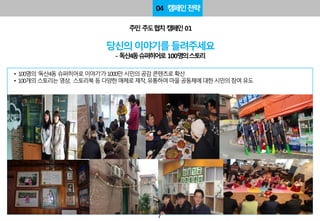 주민주도협치캠페인01
당신의이야기를들려주세요
-독산4동슈퍼히어로 100명의스토리
04 캠페인전략
• 100명의 ‘독산4동슈퍼히어로이야기’가1000만 시민의공감콘텐츠로확산
• 100개의 스토리는영상, 스토리북등다양한매체로제작,유통하여마을공동체에대한시민의참여유도
7
 