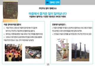 주민주도협치캠페인03
마을에서즐거운일이일어납니다
마을에서 펼쳐지는 다양한 네트워크 파티와 이벤트
04 캠페인전략
마을장터와마을결혼식
• 마을주민의신청으로마을에 즐거운행사가있을때
찾아가는주민주도마을축제운영(예:마을결혼식)
• 재미있는이벤트를통해 마을내에서작은축제를경험하게함
• 오후6시이후땡처리공공마켓과주민들의벼룩시장을결합해
마을주민이만날수있는잔치마련(마을기금발전)
전봇대가살아있다 :
• 마을의문제를아이들의상상력으로풀어보는프로그램과마을의
주요문제인쓰레기문제해결을위한입체프로젝트
• 아이들과마을의문제를놀이처럼생각,주도적인주민으로성장
10
 