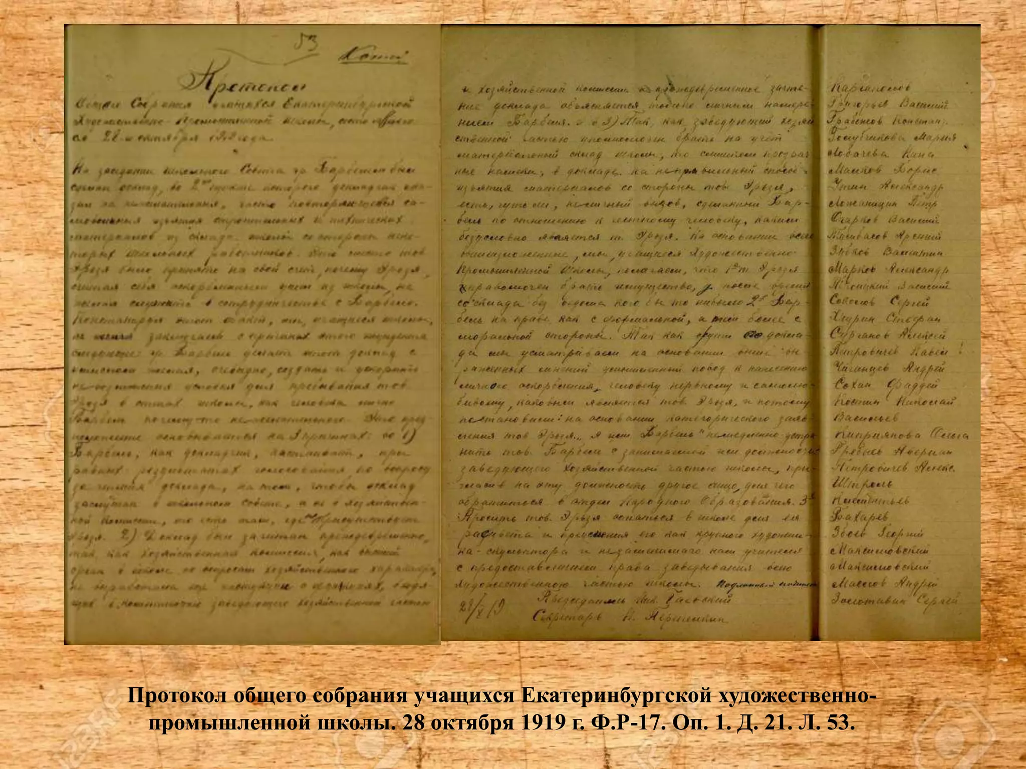 Протокол общего собрания учащихся Екатеринбургской художественно-
промышленной школы. 28 октября 1919 г. Ф.Р-17. Оп. 1. Д. 21. Л. 53.
 