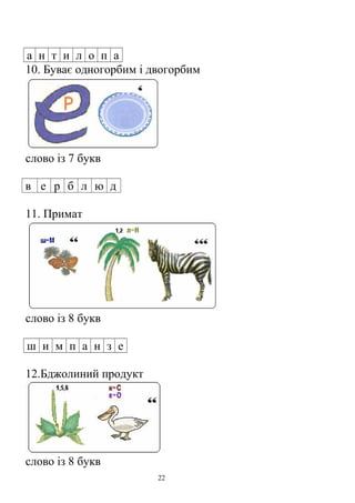 а н т и л о п а
10. Буває одногорбим і двогорбим
слово із 7 букв
в е р б л ю д
11. Примат
слово із 8 букв
ш и м п а н з е
12.Бджолиний продукт
слово із 8 букв
22
 