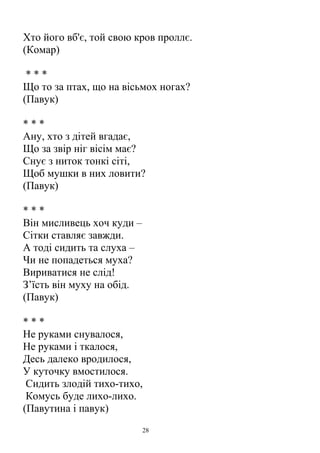 Хто його вб'є, той свою кров проллє.
(Комар)
* * *
Що то за птах, що на вісьмох ногах?
(Павук)
* * *
Ану, хто з дітей вгадає,
Що за звір ніг вісім має?
Снує з ниток тонкі сіті,
Щоб мушки в них ловити?
(Павук)
* * *
Він мисливець хоч куди –
Сітки ставляє завжди.
А тоді сидить та слуха –
Чи не попадеться муха?
Вириватися не слід!
З’їсть він муху на обід.
(Павук)
* * *
Не руками снувалося,
Не руками і ткалося,
Десь далеко вродилося,
У куточку вмостилося.
Сидить злодій тихо-тихо,
Комусь буде лихо-лихо.
(Павутина і павук)
28
 