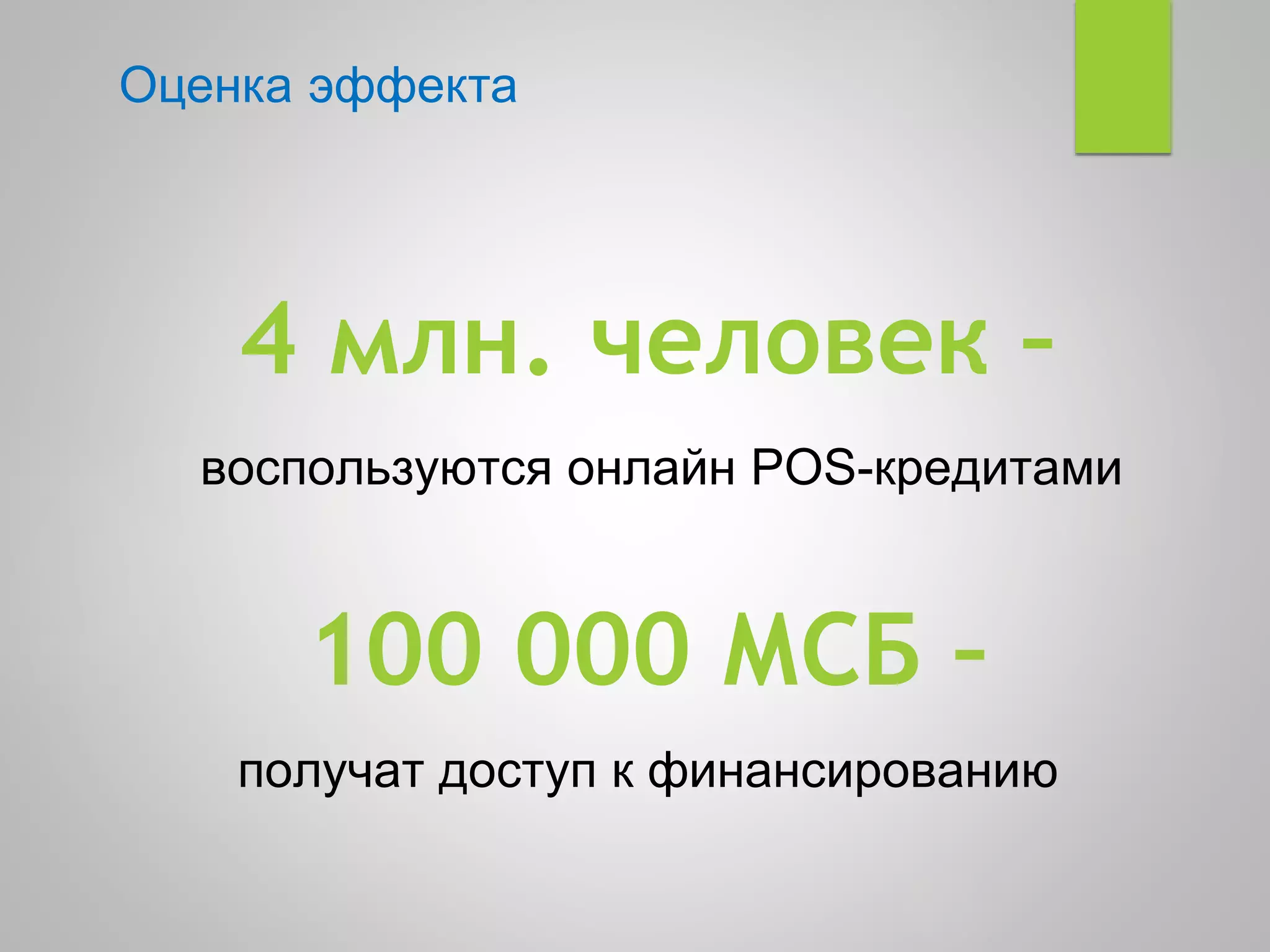 4 млн. человек –
воспользуются онлайн POS-кредитами
100 000 МСБ –
получат доступ к финансированию
Оценка эффекта
 