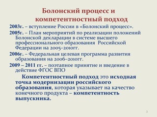 Болонский процесс и
компетентностный подход
2003г. – вступление России в «Болонский процесс».
2005г. – План мероприятий по реализации положений
Болонской декларации в системе высшего
профессионального образования Российской
Федерации на 2005–2010гг.
2006г. – Федеральная целевая программа развития
образования на 2006–2010гг.
2009 – 2011 гг. – поэтапное принятие и введение в
действие ФГОС ВПО
Компетентностный подход это исходная
точка модернизации российского
образования, которая указывает на качество
конечного продукта – компетентность
выпускника.
3
 