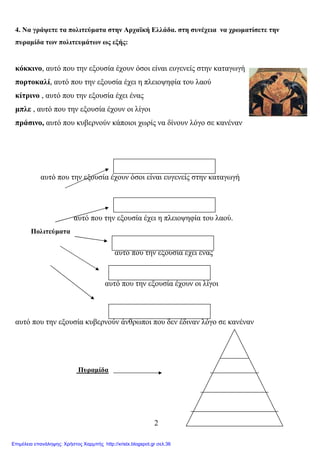 2
4. Να γράψετε τα πολιτεύµατα στην Αρχαϊκή Ελλάδα. στη συνέχεια να χρωµατίσετε την
πυραµίδα των πολιτευµάτων ως εξής:
κόκκινο, αυτό που την εξουσία έχουν όσοι είναι ευγενείς στην καταγωγή
πορτοκαλί, αυτό που την εξουσία έχει η πλειοψηφία του λαού
κίτρινο , αυτό που την εξουσία έχει ένας
µπλε , αυτό που την εξουσία έχουν οι λίγοι
πράσινο, αυτό που κυβερνούν κάποιοι χωρίς να δίνουν λόγο σε κανέναν
αυτό που την εξουσία έχουν όσοι είναι ευγενείς στην καταγωγή
αυτό που την εξουσία έχει η πλειοψηφία του λαού.
Πολιτεύµατα
αυτό που την εξουσία έχει ένας
αυτό που την εξουσία έχουν οι λίγοι
αυτό που την εξουσία κυβερνούν άνθρωποι που δεν έδιναν λόγο σε κανέναν
Πυραµίδα
Επιμέλεια επανάληψης: Χρήστος Χαρμπής http://xristx.blogspot.gr σελ.36
 