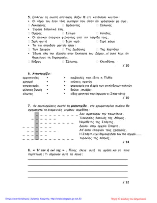 5. Επιλέγω τη σωστή απάντηση . Βάζω Χ στο κατάλληλο κουτάκι :
• Οι νόμοι του ήταν τόσο αυστηροί που είπαν ότι γράφτηκαν με αίμα .
Λυκούργος Δράκοντας Σόλωνας
• Έγραψε διδακτικά έπη .
Όμηρος Σαπφώ Ησίοδος
• Οι άποικοι έπαιρναν φεύγοντας από την πατρίδα τους .
Ιερή φωτιά Ιερό νερό Ιερό χώμα
• Το πιο σπουδαίο μαντείο ήταν :
Των Δελφών Της Δωδώνης Της Κορίνθου
• Έδωσε όλη την εξουσία στην Εκκλησία του Δήμου , γι’ αυτό λέμε ότι
θεμελίωσε τη δημοκρατία .
Κόδρος Σόλωνας Κλεισθένης
/ 10
6. Αντιστοιχίζω :
αμφικτιονίες • • συμβουλές που έδινε η Πυθία
χρησμοί • • ενώσεις κρατών
οστρακισμός • • ψηφοφορία για εξορία των επικίνδυνων πολιτών
μέλανας ζωμός • • δούλοι , σκλάβοι
είλωτες • • είδος φαγητού που έτρωγαν οι Σπαρτιάτες
/ 10
7. Αν συμπληρώσεις σωστά τη μεσοστιχίδα , στο χρωματισμένο πλαίσιο θα
σχηματιστεί το όνομα ενός μεγάλου νομοθέτη :
_ _ _ _ _ _ _ _ _ _ Δεν αγαπούσαν την πολυτέλεια .
_ _ _ _ _ _ Τελευταίος βασιλιάς της Αθήνας .
_ _ _ _ _ _ _ _ _ Νομοθέτης της Σπάρτης .
_ _ _ _ _ _ _ Δούλοι στην αρχαία Σπάρτη .
_ _ _ _ _ _ _ Απ’ αυτά έπαιρναν τους χρησμούς .
_ _ _ _ _ _ Η Σπάρτη είχε δημιουργήσει τον πιο ισχυρό………
_ _ _ _ _ _ _ _ _ _ _ _ Τύραννος της Αθήνας .
/ 14
8. « Ή ταν ή επί τας » . Ποιος έλεγε αυτή τη φράση και σε ποια
περίπτωση ; Τι σήμαιναν αυτά τα λόγια ;
_______________________________________________________
_______________________________________________________
_______________________________________________________
_______________________________________________________
/ 12
Πηγή: Ο κύκλος του ΔημοτικούΕπιμέλεια επανάληψης: Χρήστος Χαρμπής http://xristx.blogspot.gr σελ.53
 